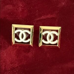 CHANEL Gold and White Logo Earrings